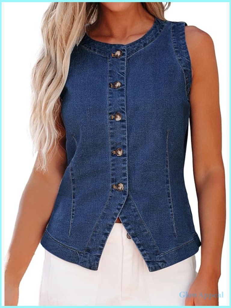 Sleeveless Button Down Denim Vest Top Casual Western Waistcoat